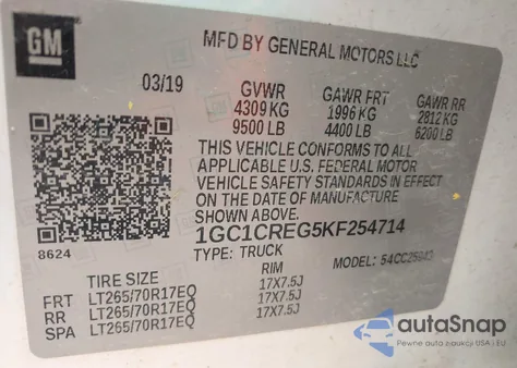 2019 Chevrolet Silverado 2500Hd Wt z USA, uszkodzony, nr VIN 1GC1CREG5KF254714